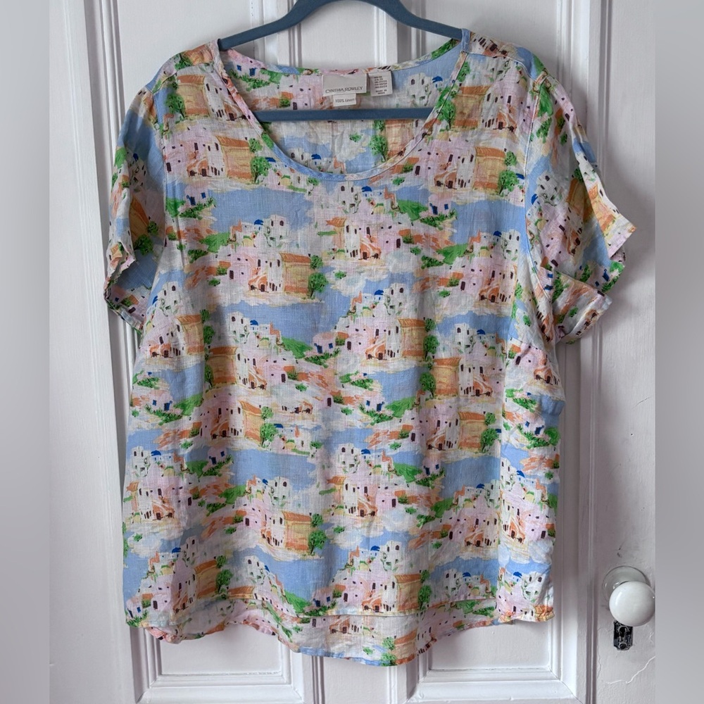 Women’s Cynthia Rowley 100% Linen Scoop Neck Short Sleeve Greek Island Painting